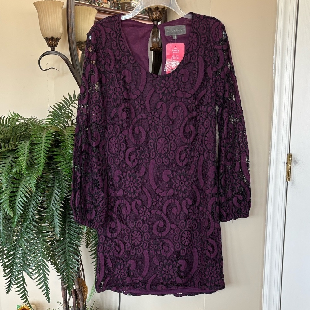 Brand New Sundays In Brooklyn Purple Joy Lined Lace Dress Scoop Neck Long Sleeve
